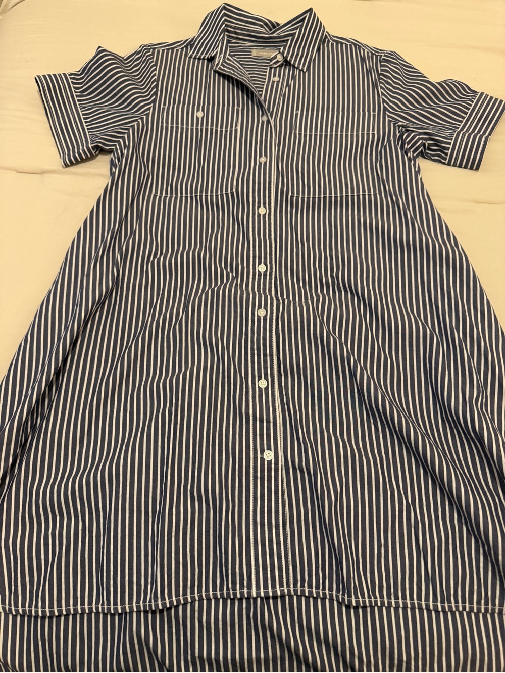 Everlane Navy and White Vertical Stripe Short-Sleeve Button-Up Dress